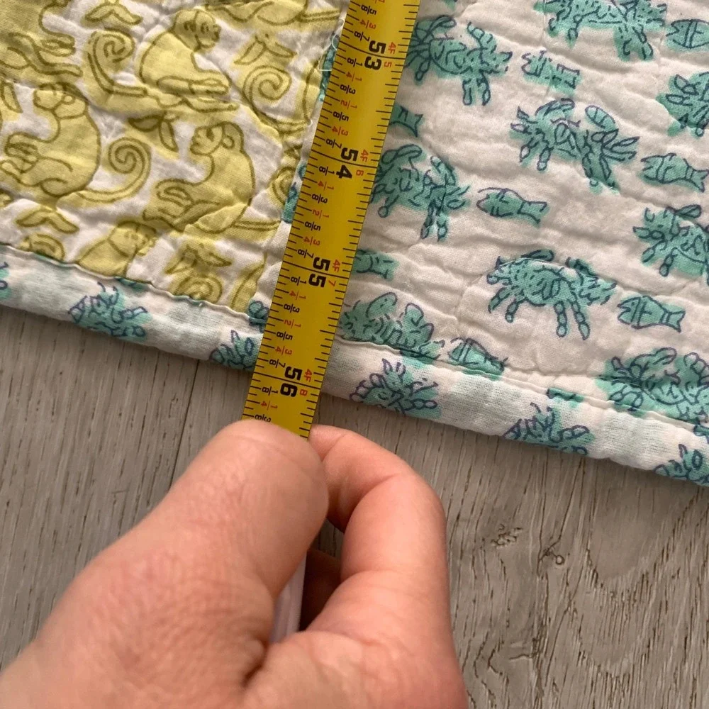 Quilted Patchwork Throw Blanket Multi Green 100% Cotton Block Print Animal‎